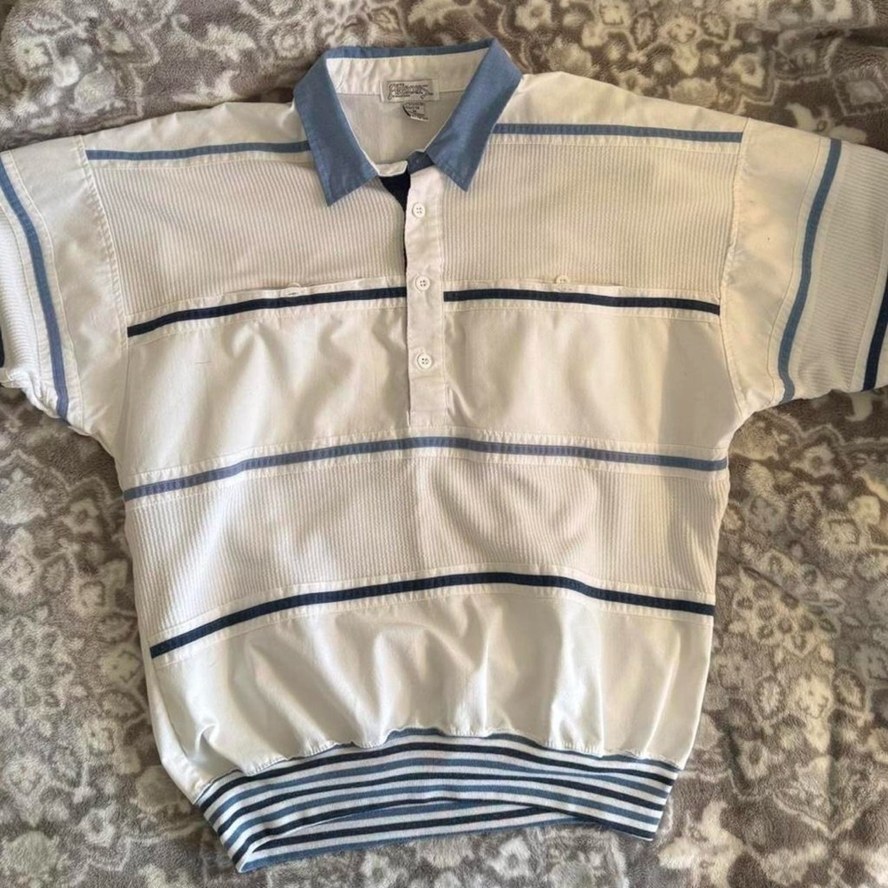MENS VINTAGE 80S ALEXXUS TOP BANDED WSIST BLUE WHITE NAUTICAL PREOWNED MEDIUM